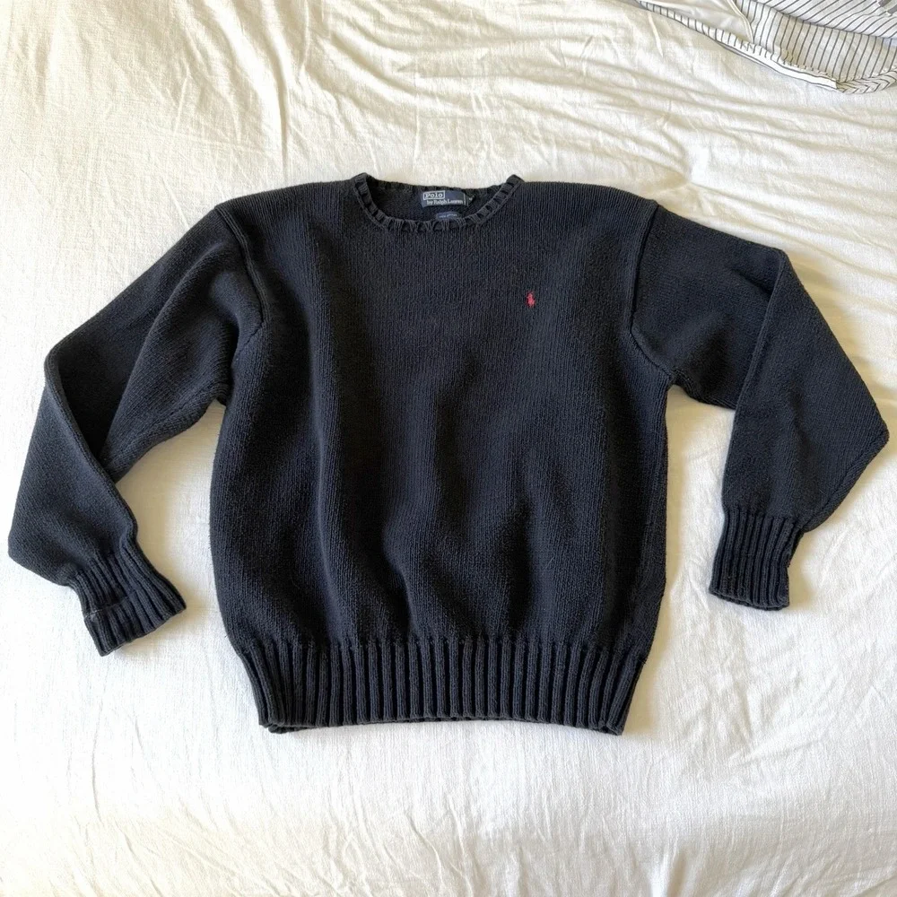 Vintage 90's Polo Ralph Lauren Knit Sweater XXL Navy Blue Red‎ Pony 100% Cotton